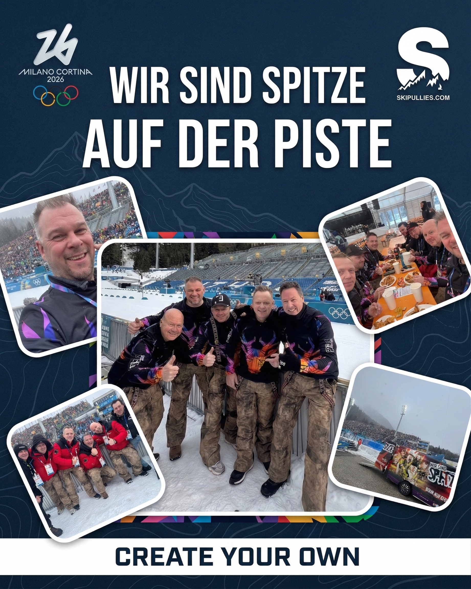 Collage van de band Wir Sind Spitze in custom ontworpen Gutski skipullies tijdens hun optreden op de Olympische Spelen Milano Cortina 2026.