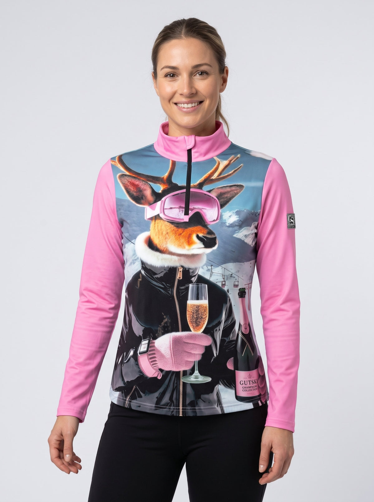 Gutski Champagnehirsch women's ski midlayer in pink, front