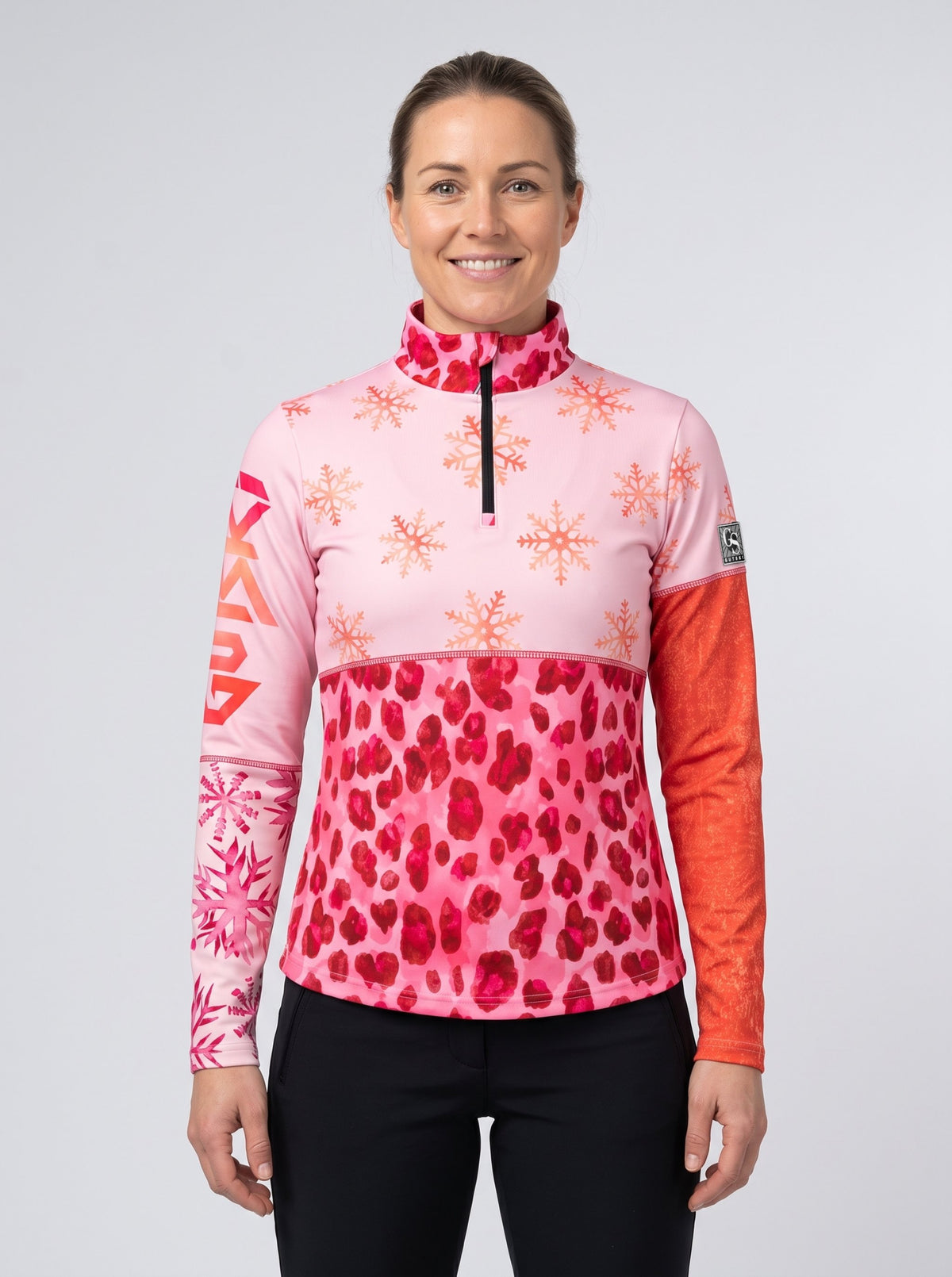 Gutski Sunrise Spritz women's ski midlayer in pink, front