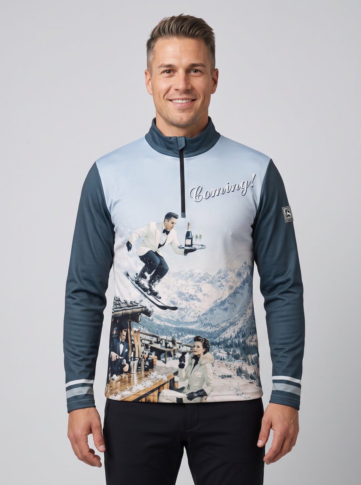 Gutski Champagne Service men's ski midlayer in blue, front