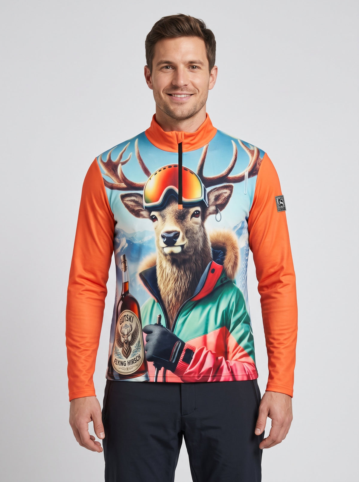 Gutski Flying Hirsch men's ski midlayer in orange, front