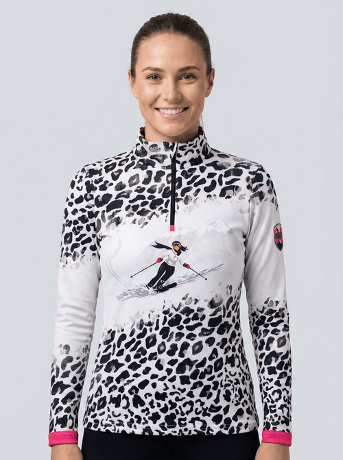 Gutski dames skipully wit met panterprint en skiër illustratie voorkant.