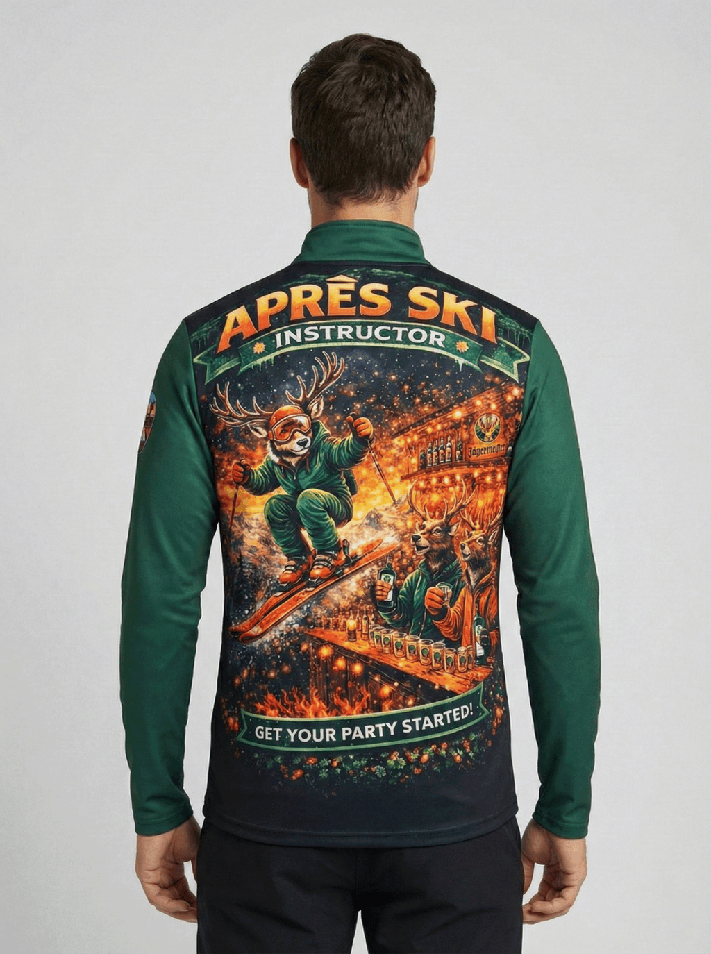 Achterkant van de Gutski Après Ski Instructor skipully met een grote, kleurrijke print van een skiënd hert over een après-ski bar met de tekst Get Your Party Started.