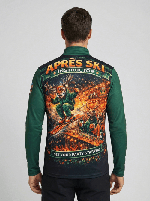 Achterkant van de Gutski Après Ski Instructor skipully met een grote, kleurrijke print van een skiënd hert over een après-ski bar met de tekst Get Your Party Started.