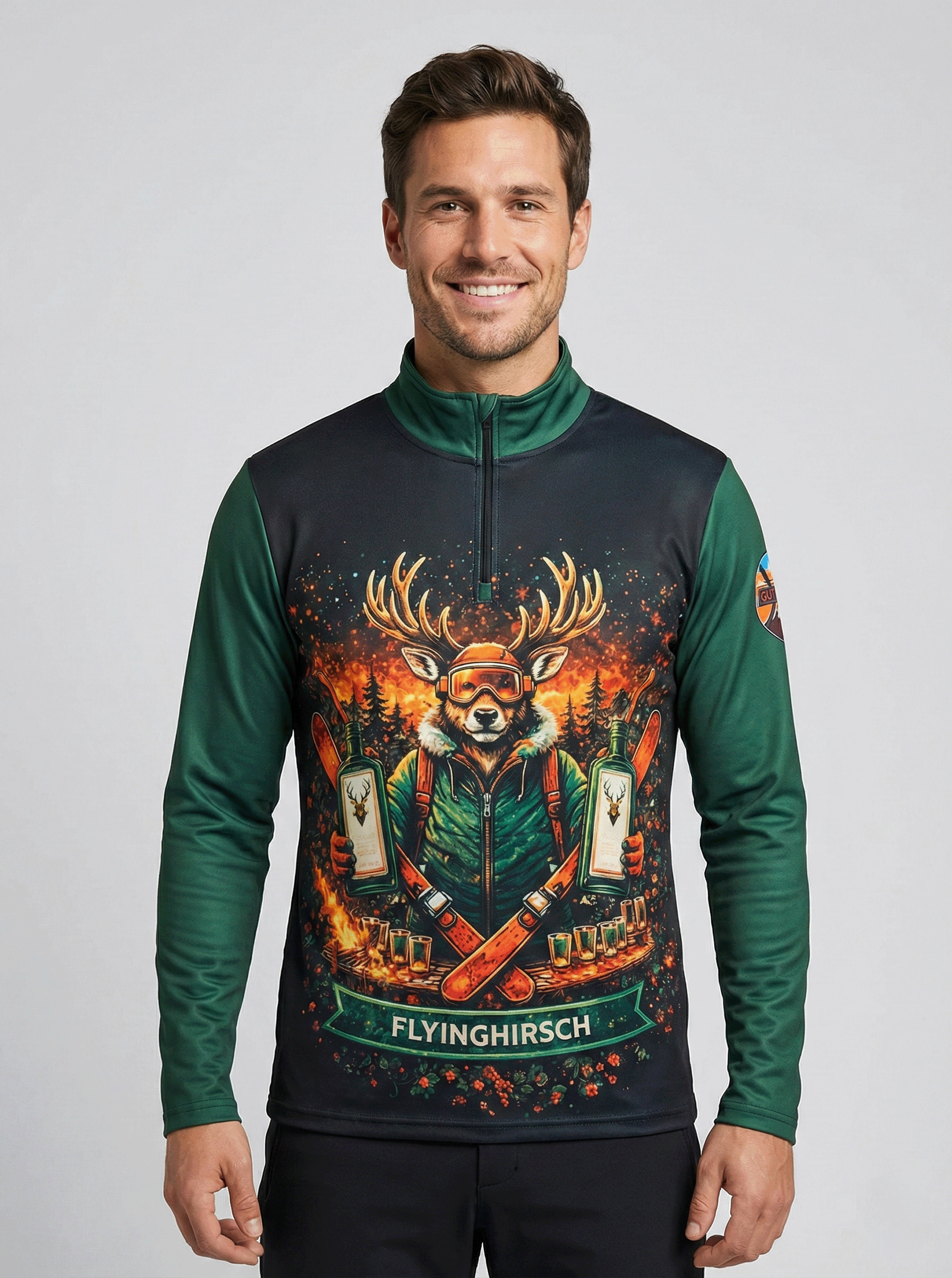 Voorkant van de donkergroene Gutski skipully voor heren met Flying Hirsch design, halve rits en een print van een stoer hert met groene flessen.