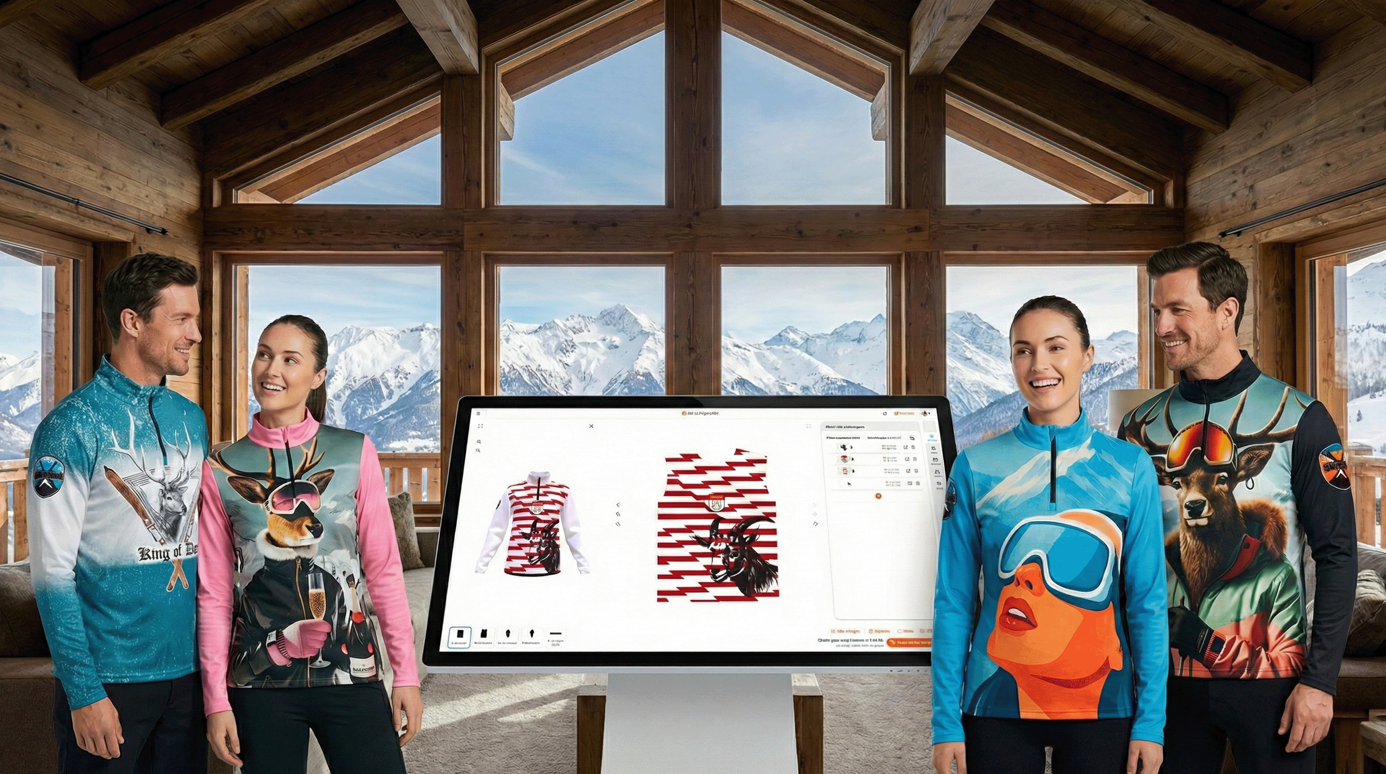 Een afbeelding van de 3D configurator en 2 mannen en 2 vrouwen die skipullies aanhebben