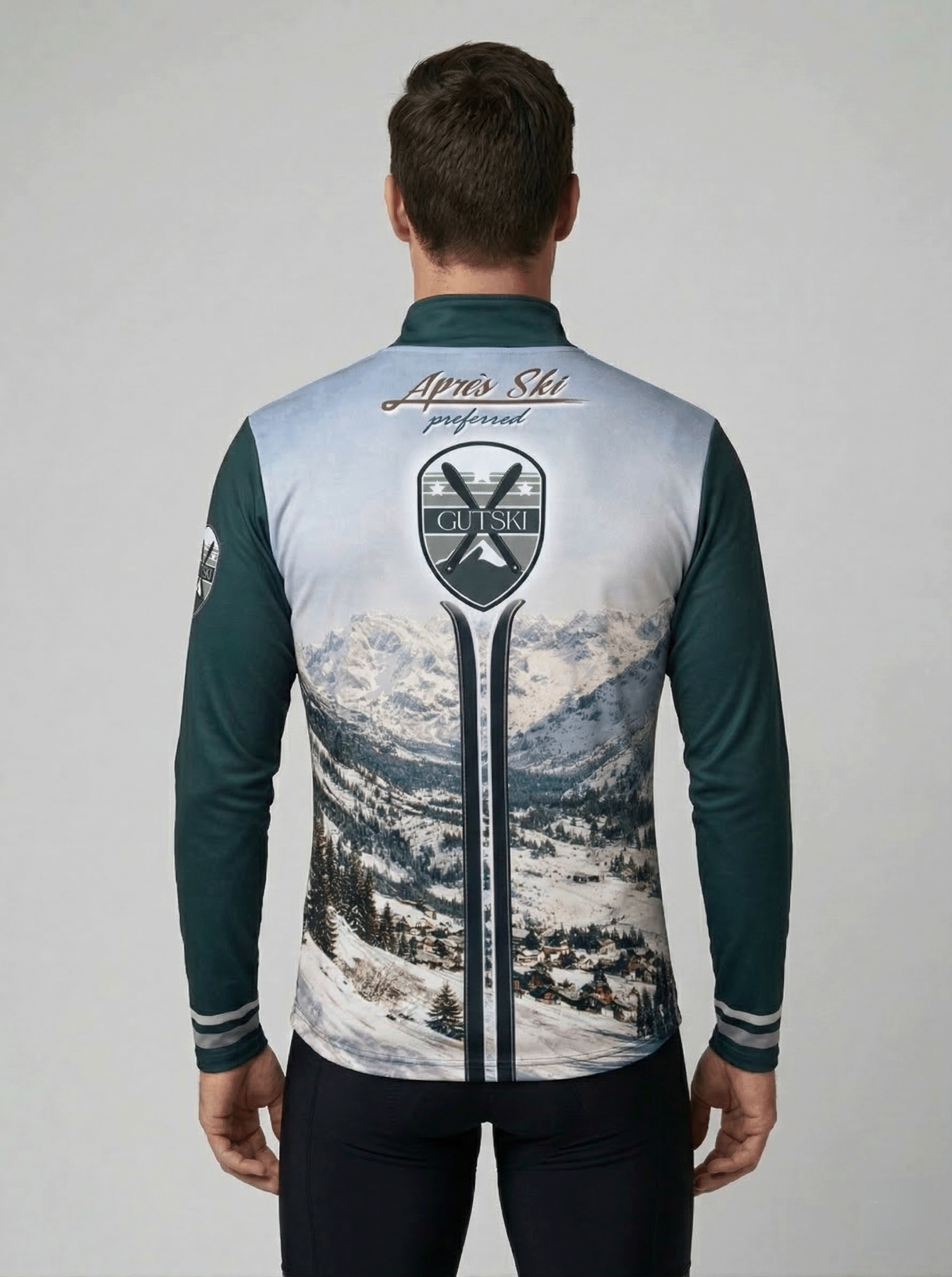 Gutski Champagne Service vintage skipully heren achteraanzicht met berglandschap en tekst Après Ski preferred