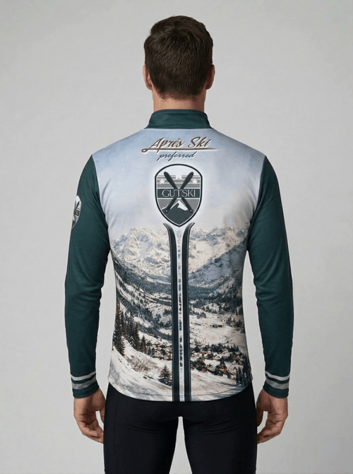 Gutski Champagne Service vintage skipully heren achteraanzicht met berglandschap en tekst Après Ski preferred