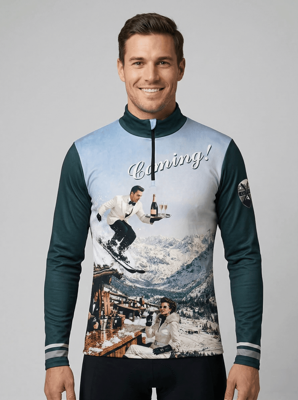 Gutski Champagne Service vintage skipully heren vooraanzicht met ski-ober en tekst Coming!