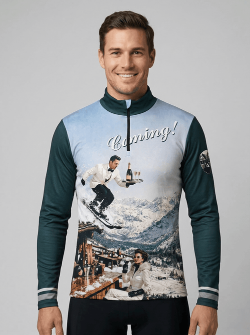 Gutski Champagne Service vintage skipully heren vooraanzicht met ski-ober en tekst Coming!