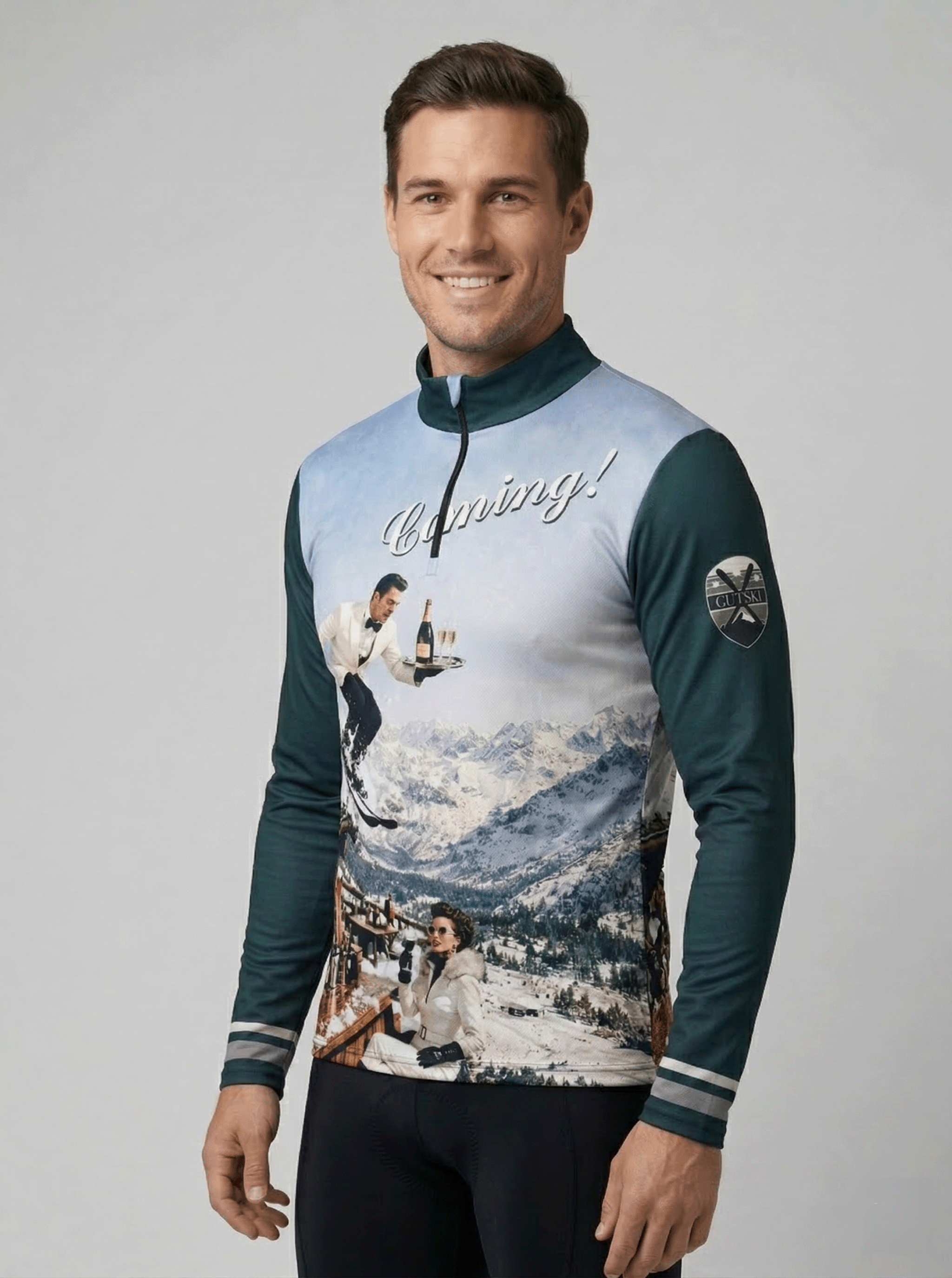 Detail van de vintage print op de Gutski Champagne Service skipully met ski-ober en modieuze vrouw