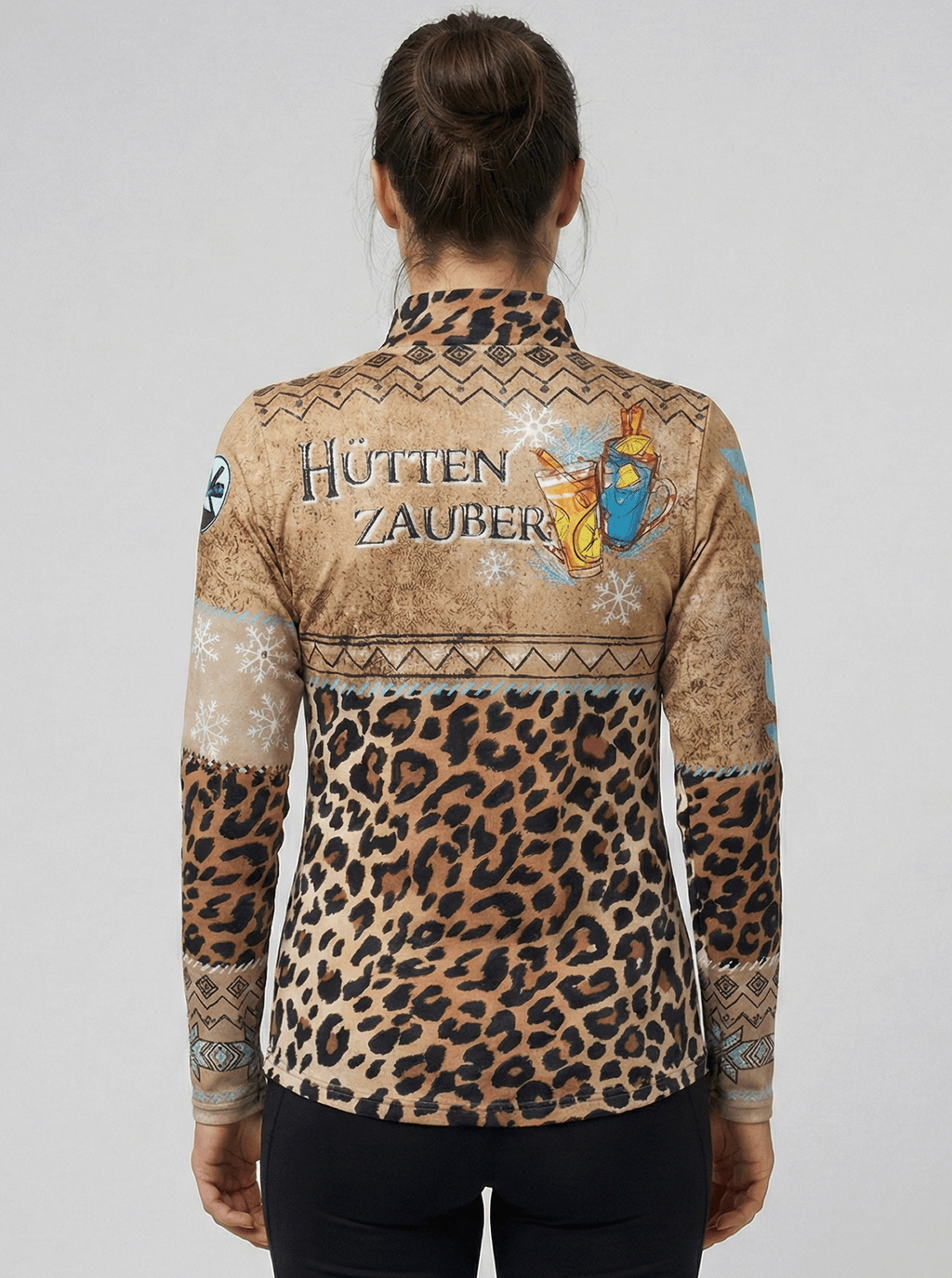 Gutski dames skipully voorkant met panterprint en turquoise accenten.