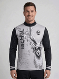 Gutski Ischgl Grey heren skipully voorkant met grijze romp, zwarte mouwen en grote Ischgl tekst naast een print van een hert met skibril.