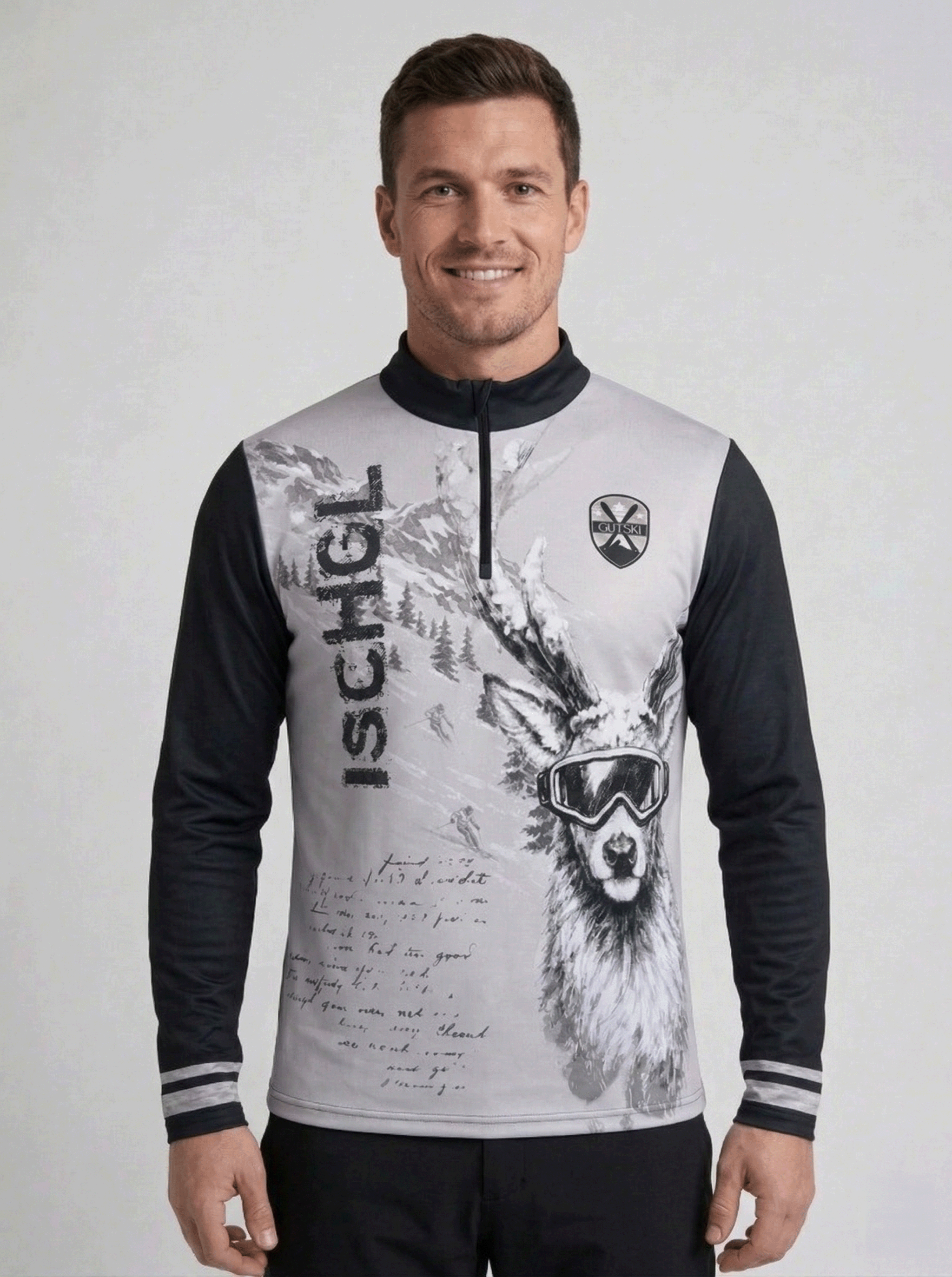 Gutski Ischgl Grey heren skipully voorkant met grijze romp, zwarte mouwen en grote Ischgl tekst naast een print van een hert met skibril.