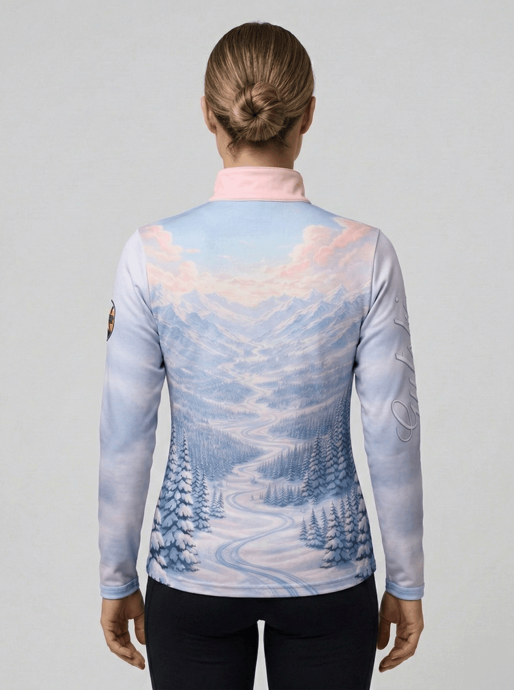 Gutski dames skipully Luxury Lift achterkant met print van een kronkelend pad door een winterlandschap