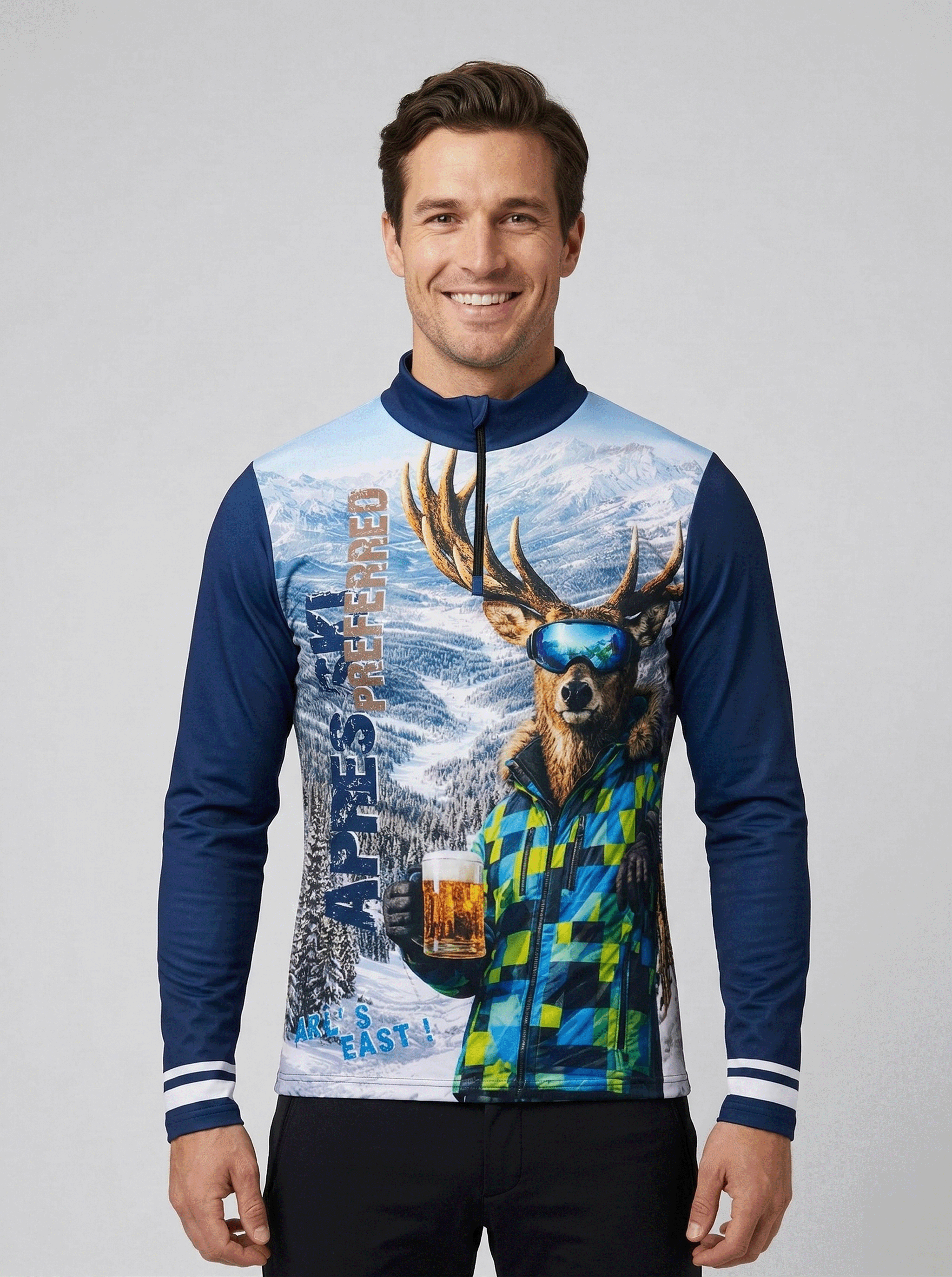 Gutski Masshirsch Navy skipully met fotoprint van een hert met bierpul en besneeuwde bergen.