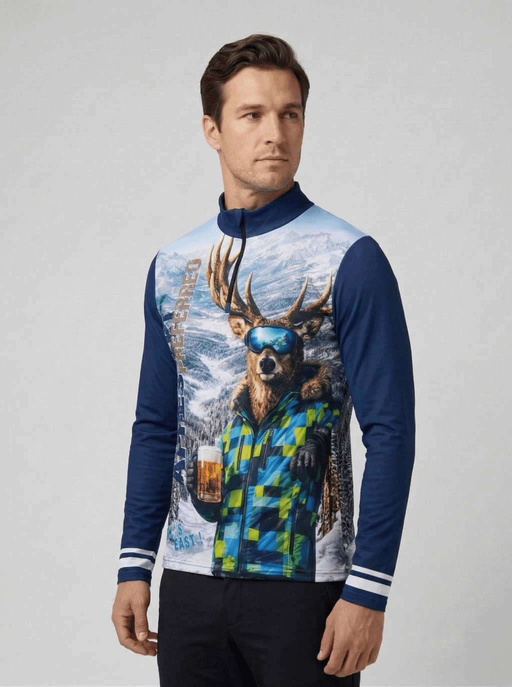 Achterzijde van de Gutski Masshirsch Navy met groot Gutski logo en tekst "Apres Ski preferred".