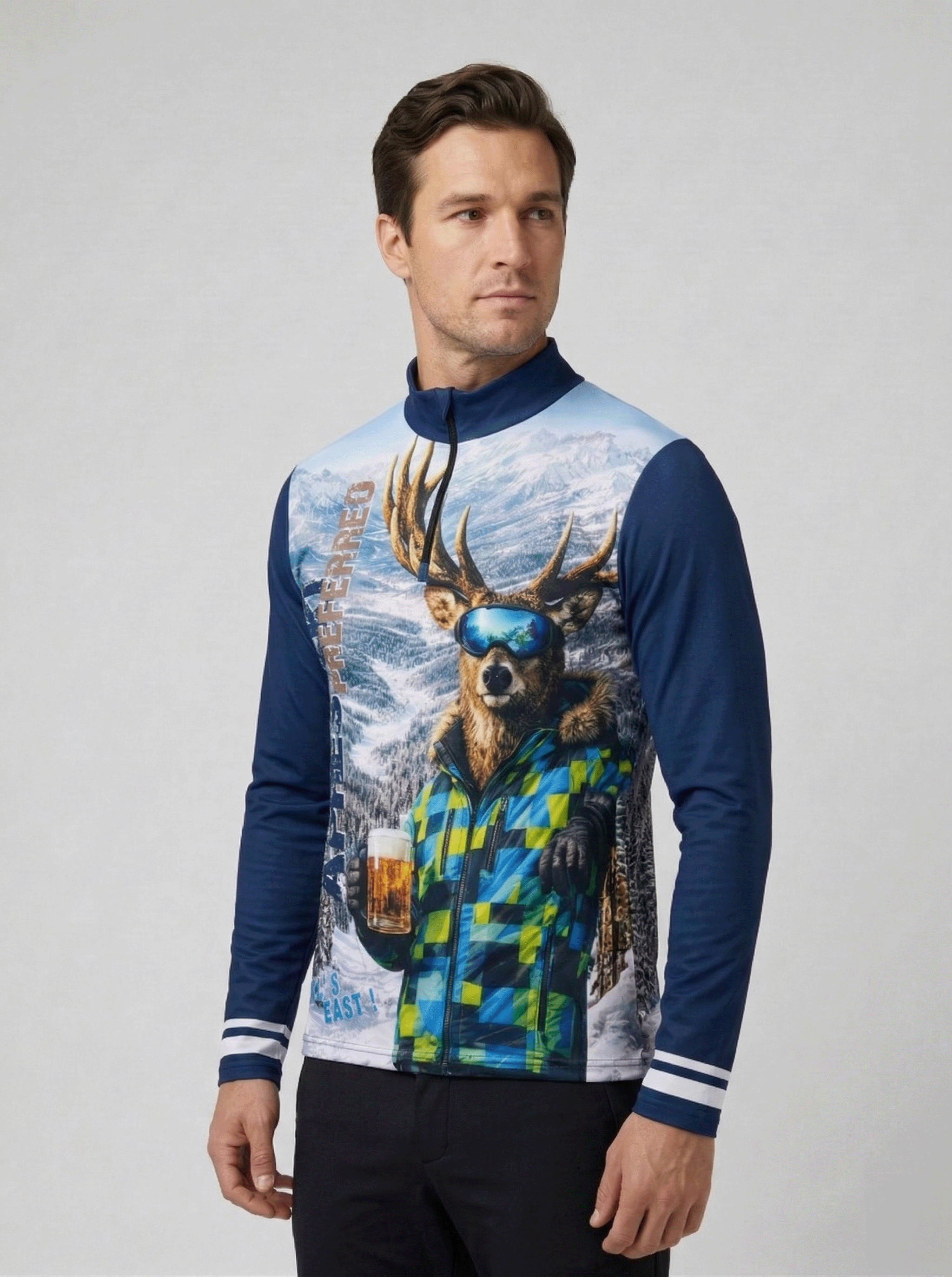 Achterzijde van de Gutski Masshirsch Navy met groot Gutski logo en tekst "Apres Ski preferred".