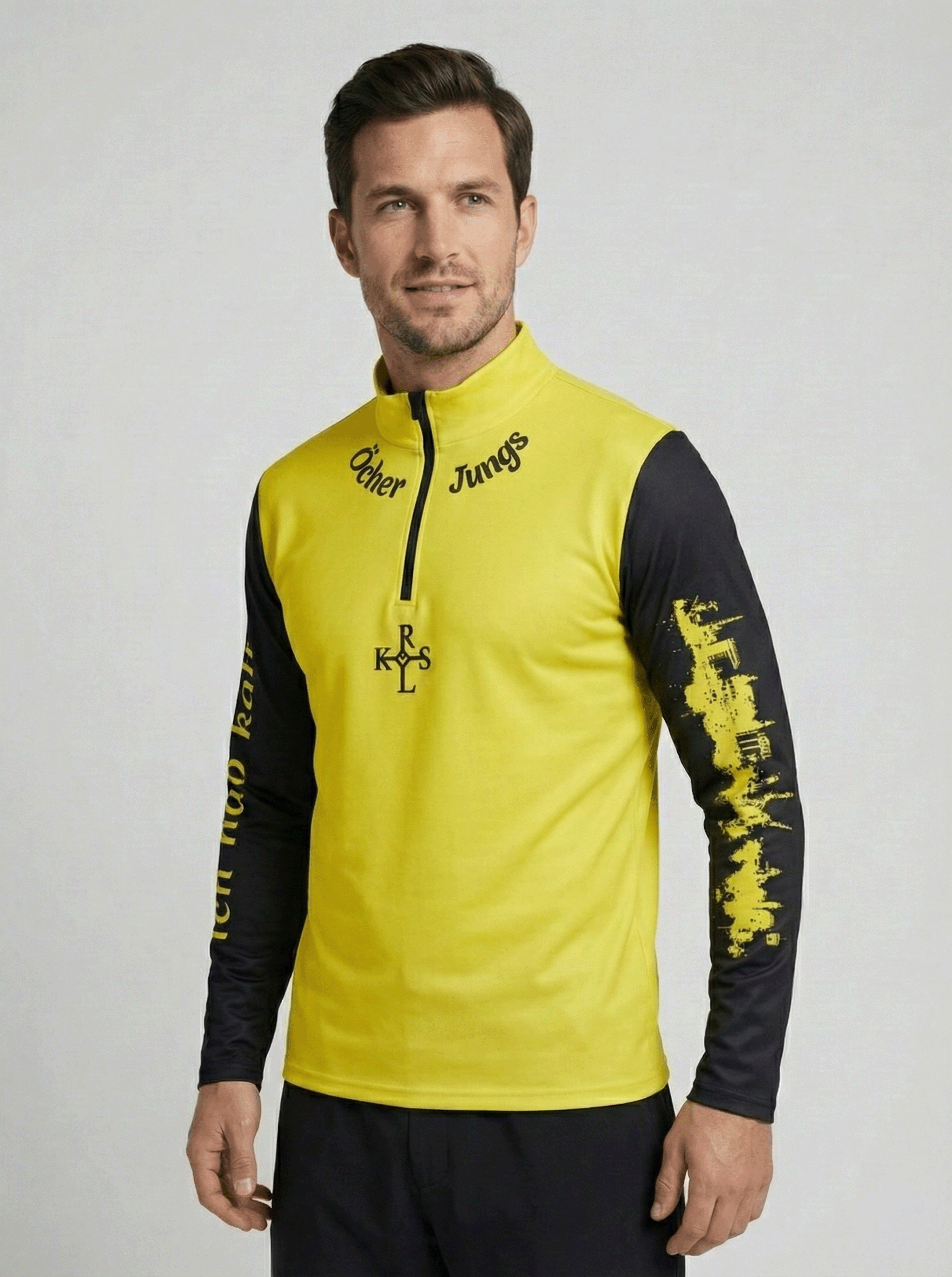 zijaanzicht van de skipully ocher jungs met geel en zwart en skyline van aken