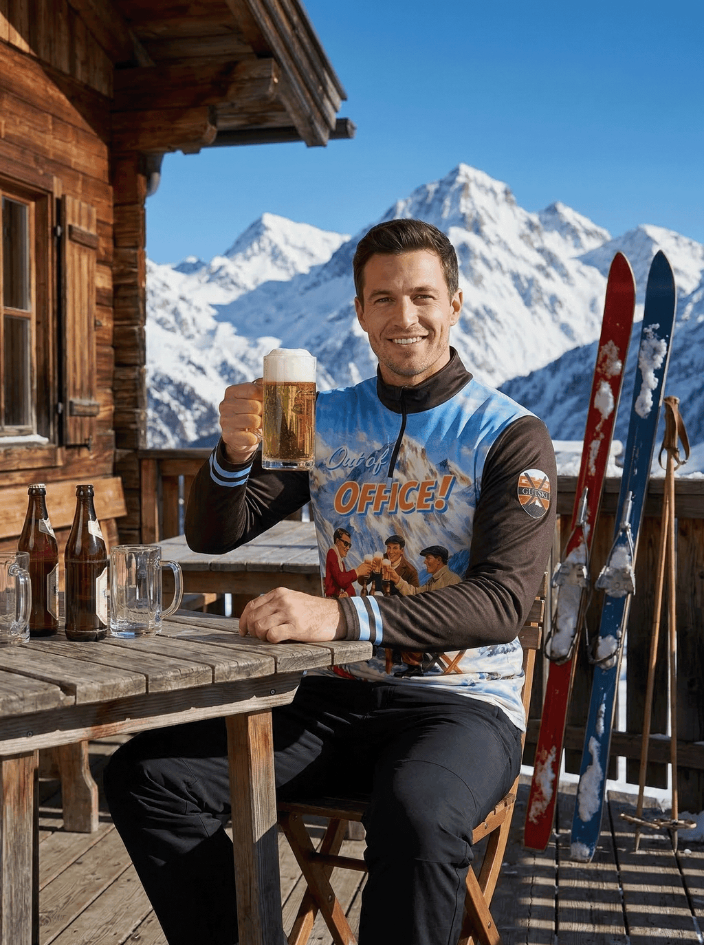 Gutski Out of Office skipully vintage print heren op berghut terras