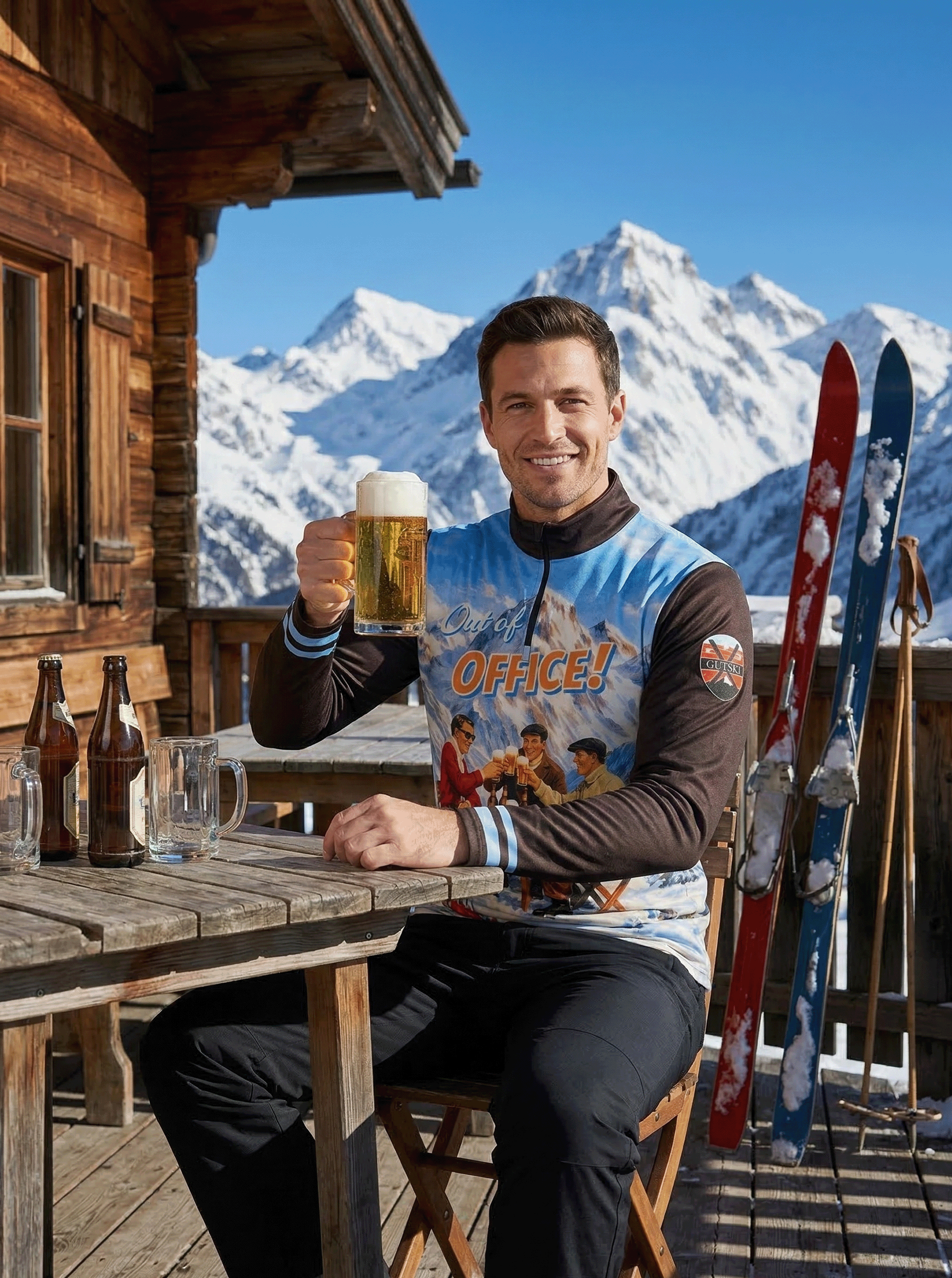 Gutski Out of Office skipully vintage print heren op berghut terras