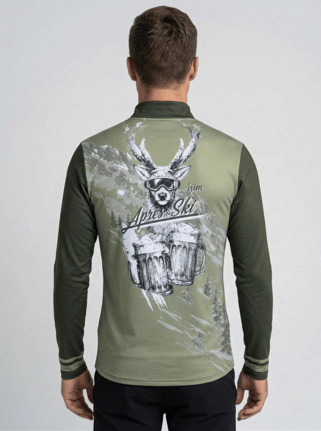 Achterzijde Gutski Platzhirsch skipully met "Apres Ski" tekst en bierpullen grafisch ontwerp.