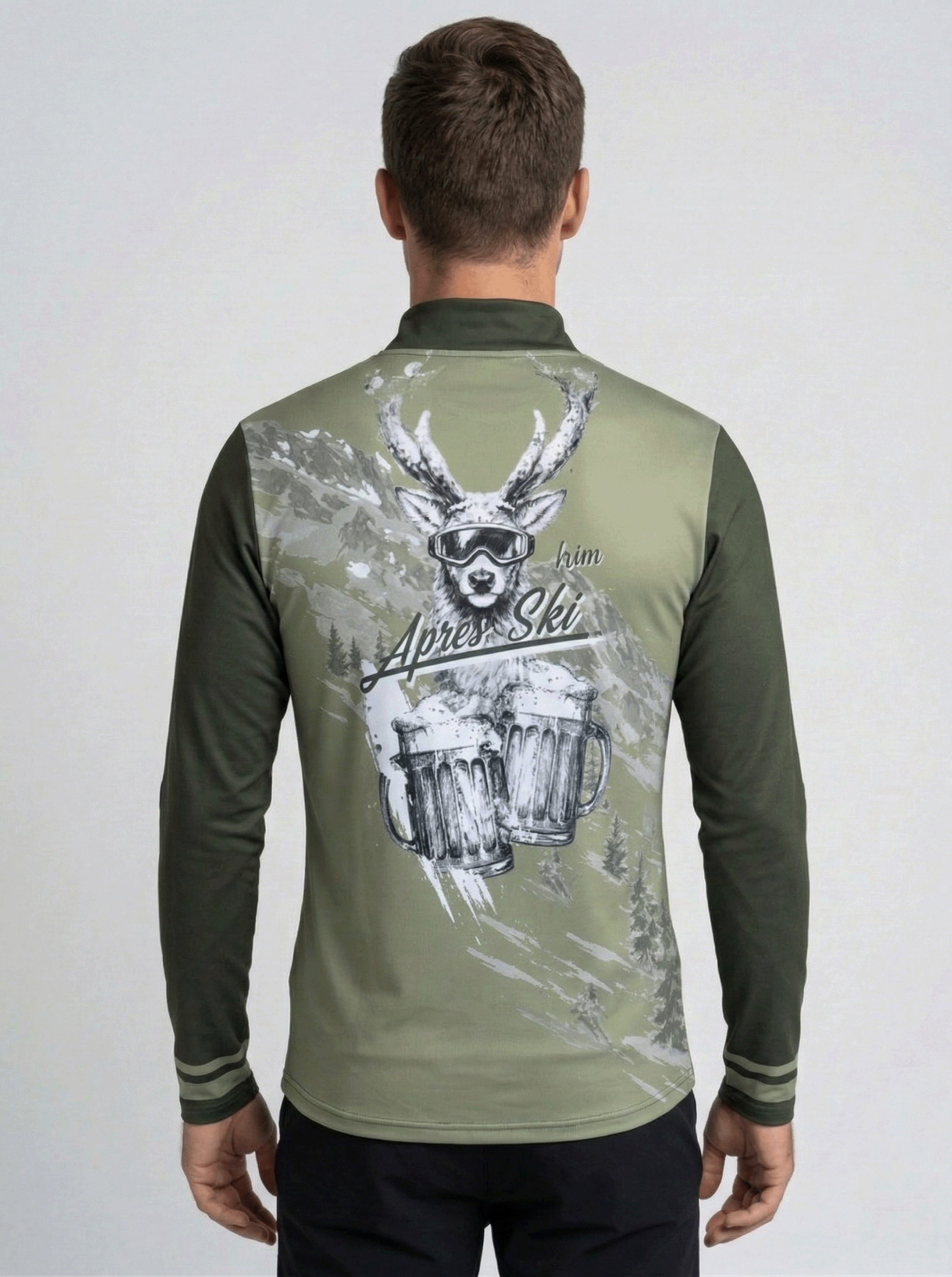 Achterzijde Gutski Platzhirsch skipully met "Apres Ski" tekst en bierpullen grafisch ontwerp.