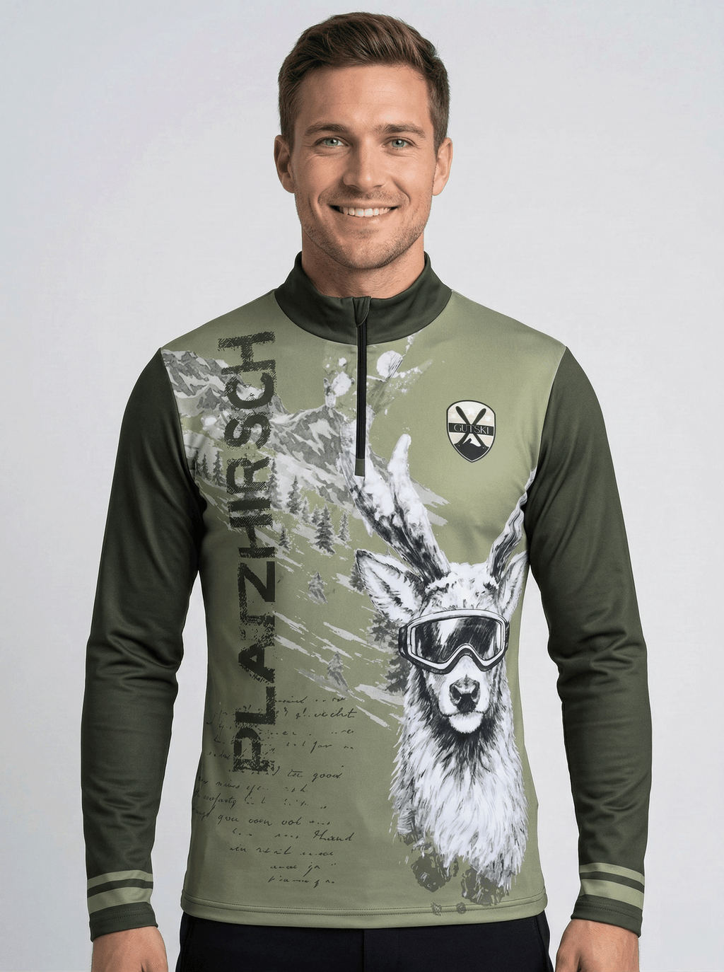 Gutski Platzhirsch Green heren skipully voorkant met hert en skibril print in olijfgroen.