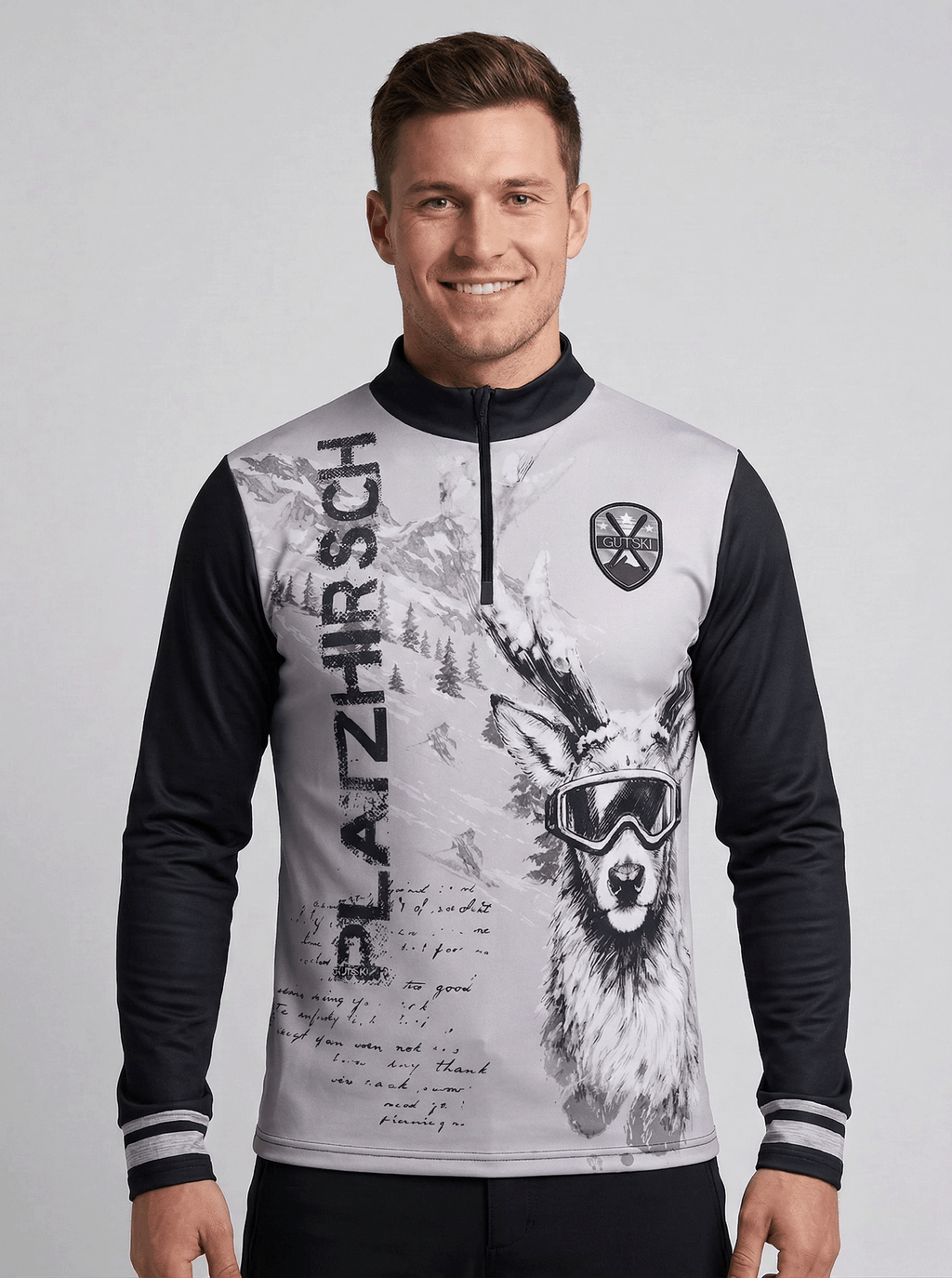 Gutski Platzhirsch Grey skipully voor heren met grijze romp, zwarte mouwen en hert met skibril print.