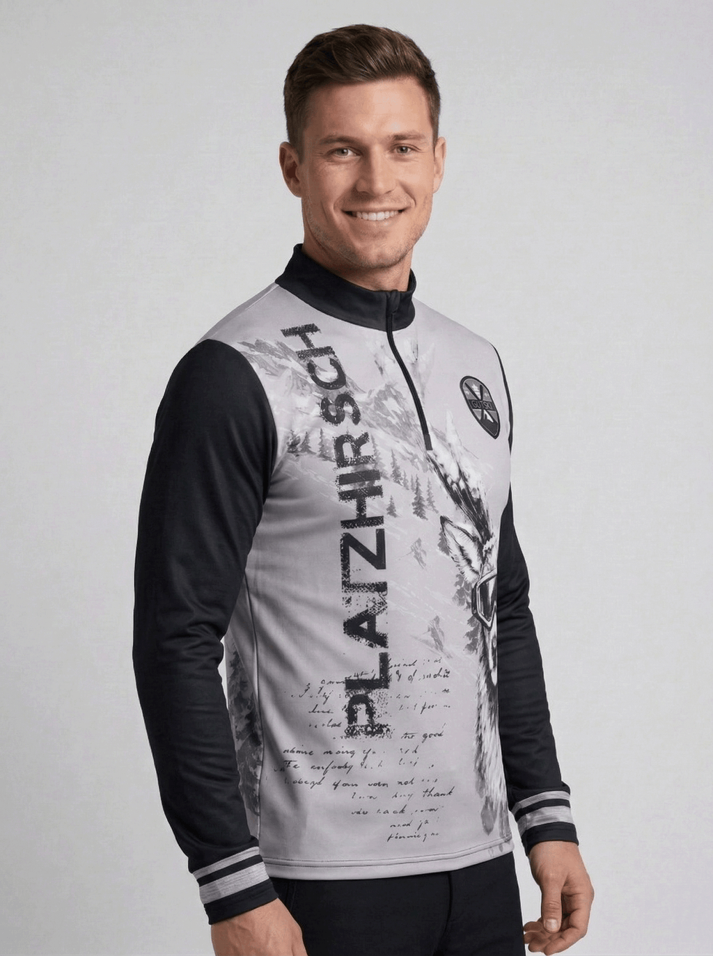 Zijaanzicht van de Gutski Platzhirsch Grey, tonend de atletische pasvorm en het Gutski logo op de borst.
