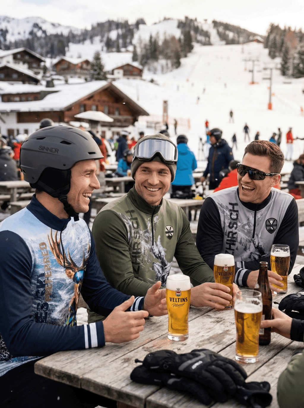 Drie vrienden in Gutski skipullies drinken bier op een zonnig terras bij een skihut in de bergen.