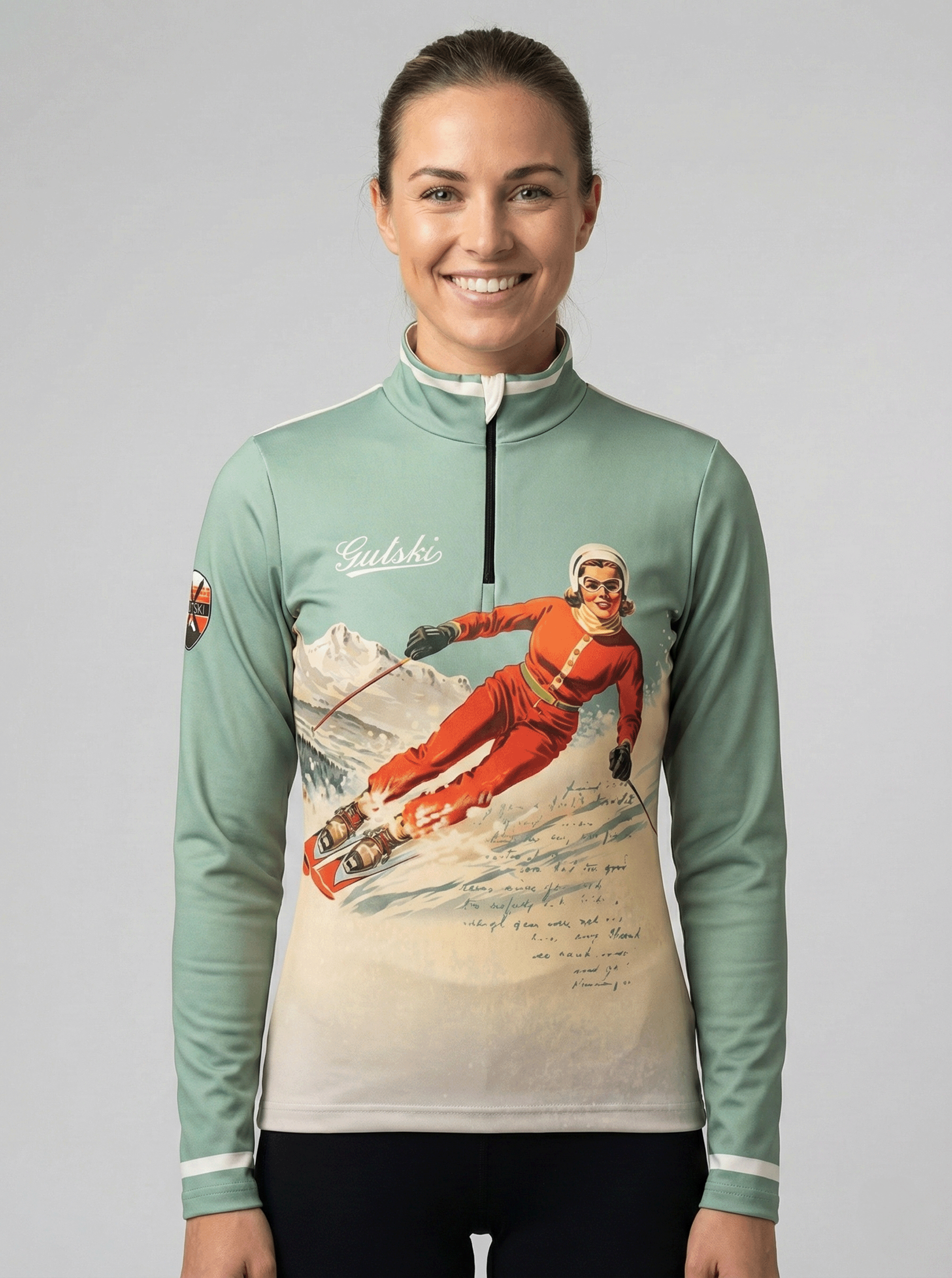 Gutski dames skipully vintage print ski lady groen voorkant