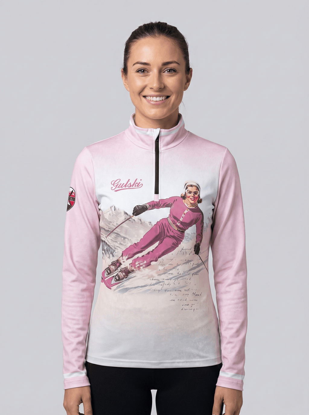 Gutski dames skipully roze vintage print ski lady voorkant