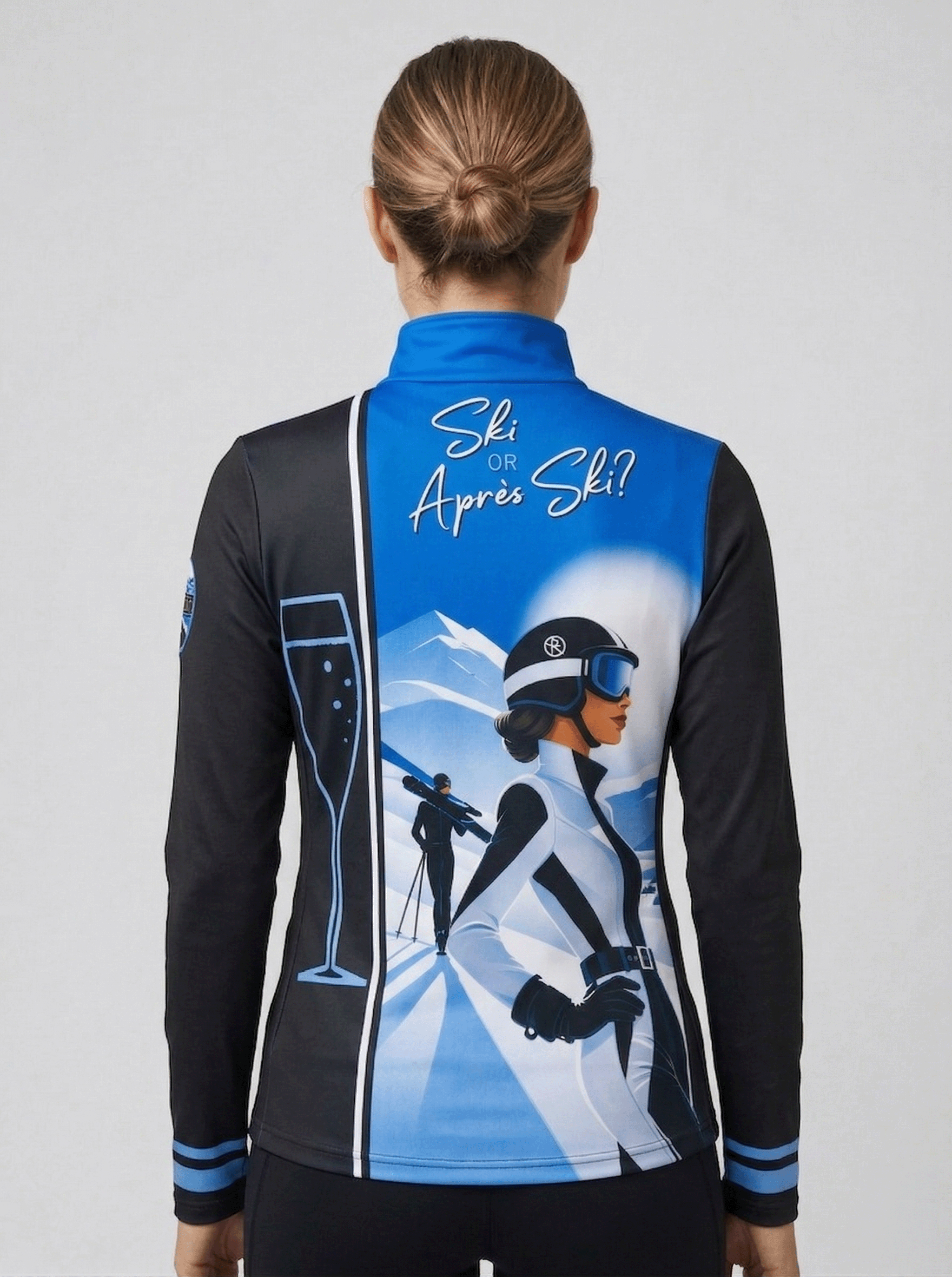 Gutski St. Moritz dames skipully achteraanzicht in blauw en zwart met tekst Ski or Après Ski en champagneglas print
