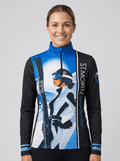 Vooraanzicht Gutski St. Moritz skipully dames met elegante retro skiester print en blauwe opstaande kraag