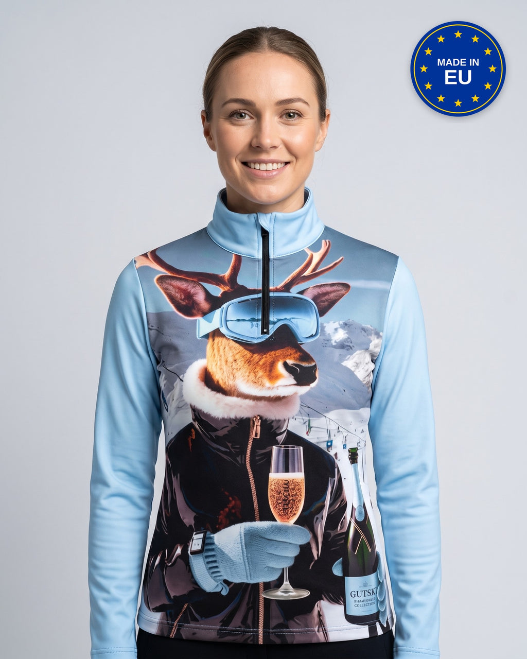 Champagnehirsch 26/27 skipully dames in lichtblauw, voorkant