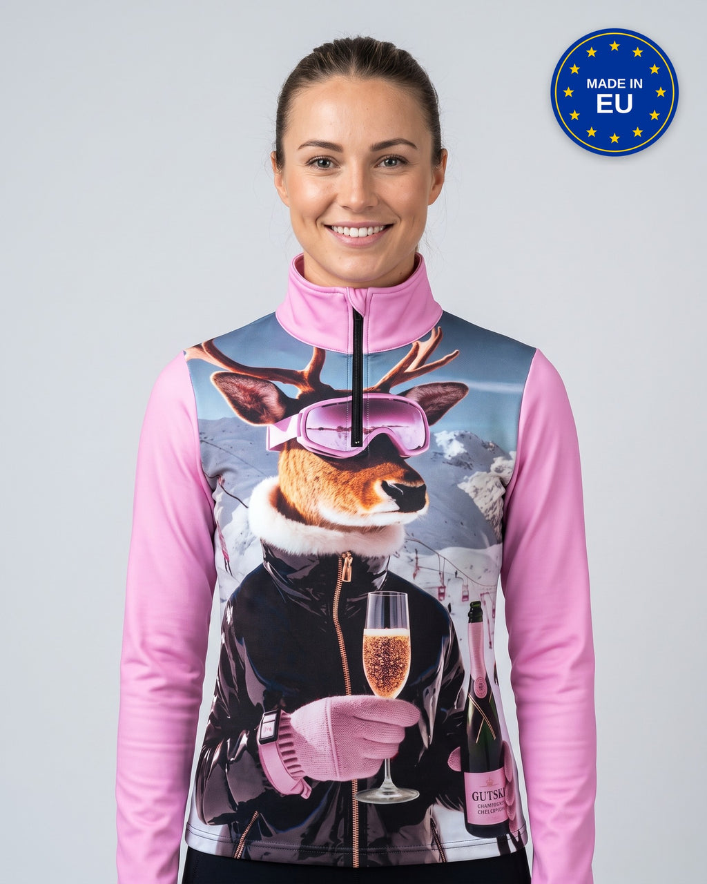 Champagnehirsch 26/27 skipully dames in roze, voorkant