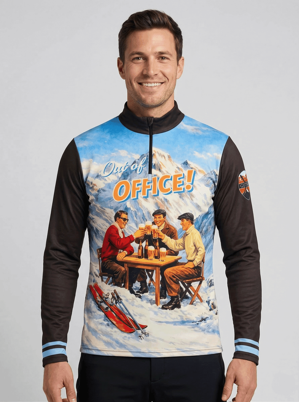 Detail van de vintage bier-toost-print op de Gutski Out of Office skipully