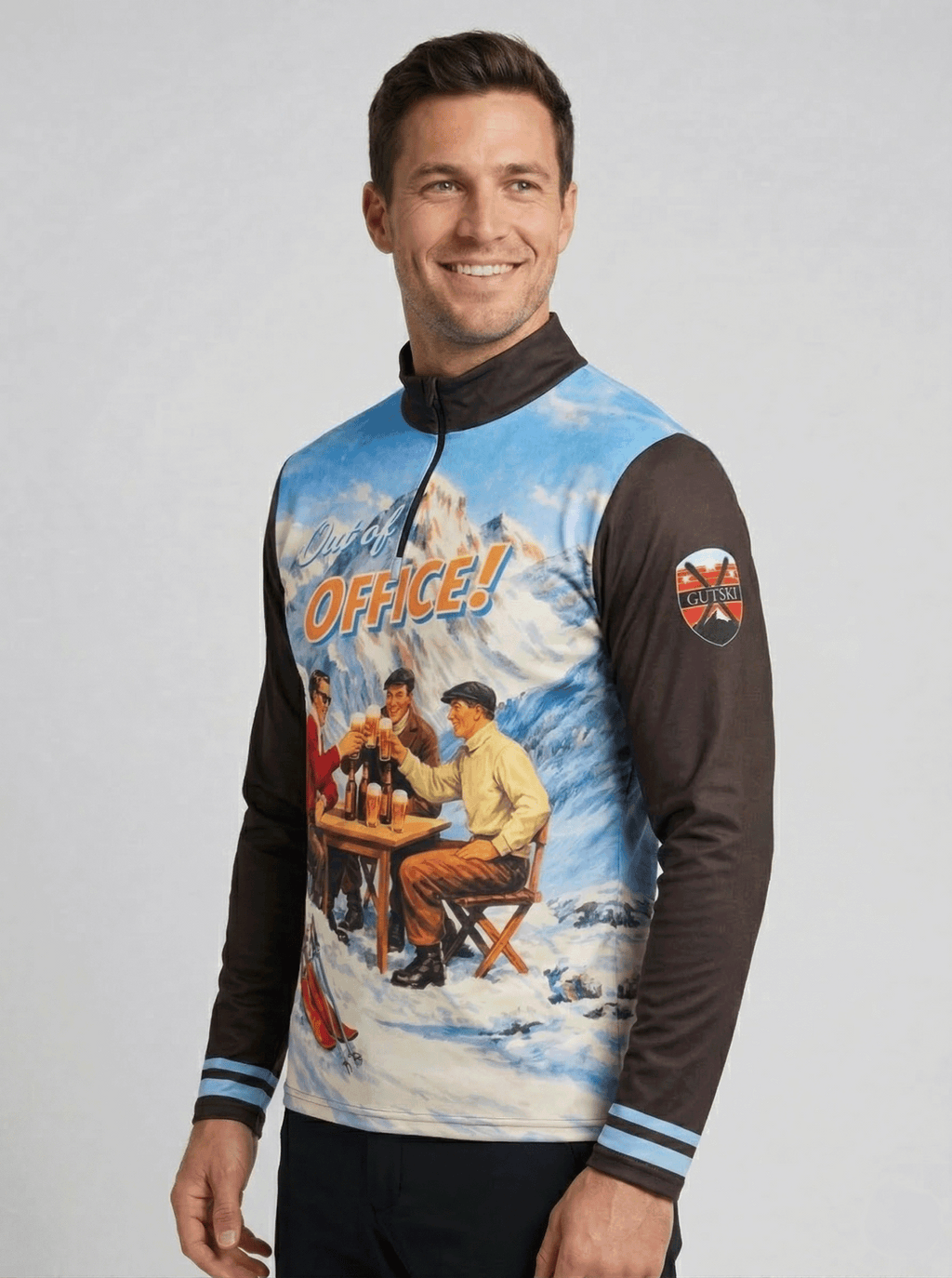 Gutski vintage skipully heren met bier-proost-print en tekst "Out of Office!" frontaal